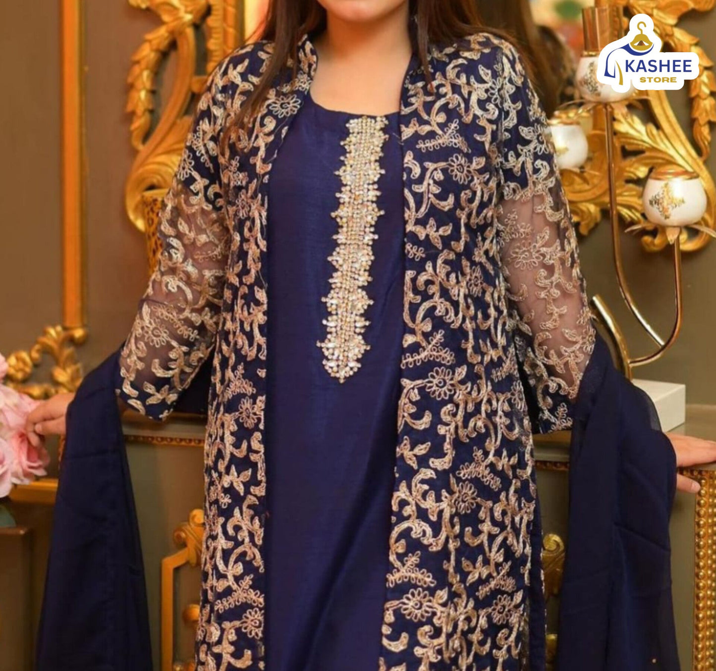 . "4Pc Embroidered Organza Gown Set | Inner, Trouser & Dupatta"