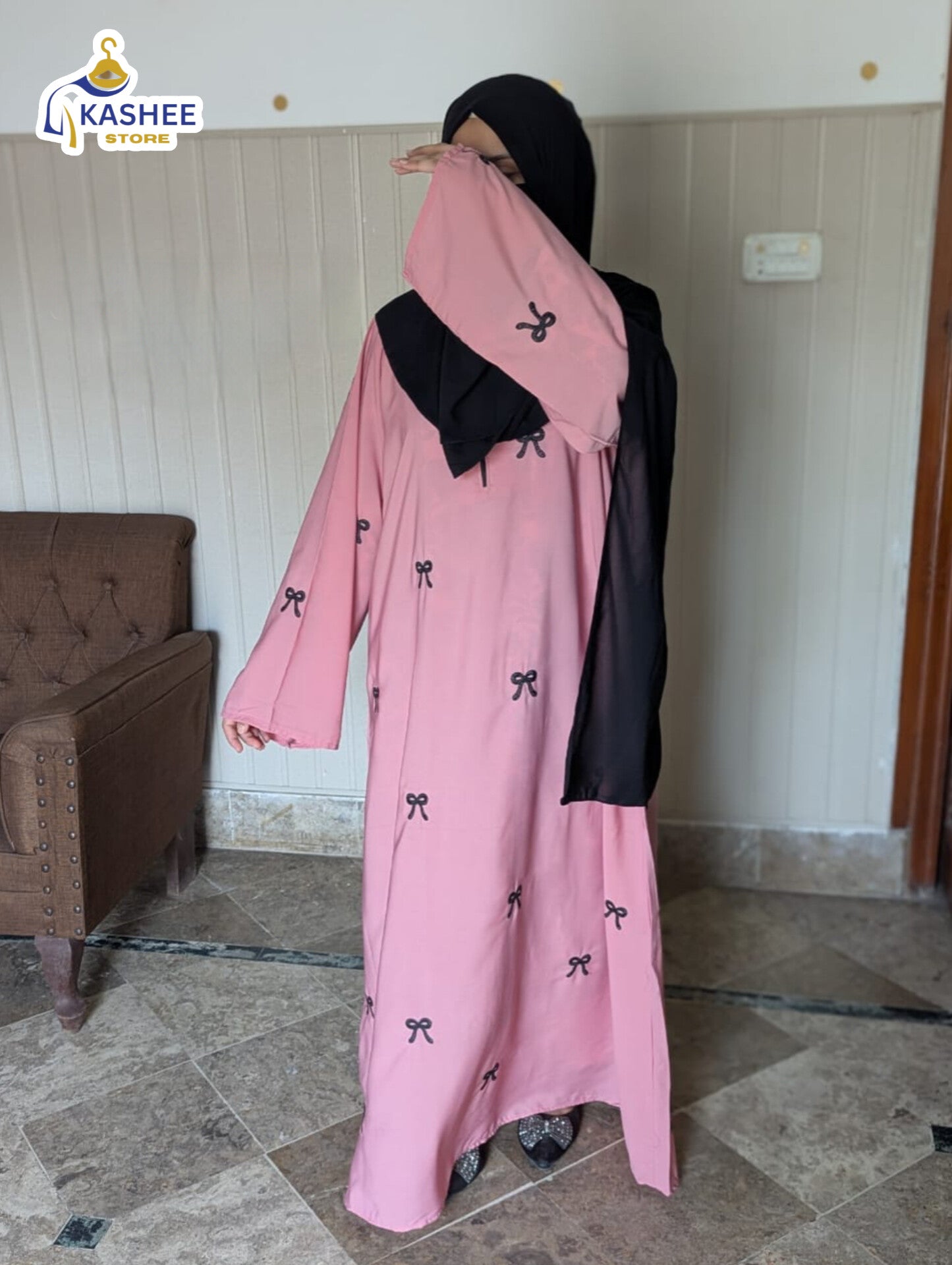 Embroidered Maxi Bow Abaya – Elegant Peach Georgette