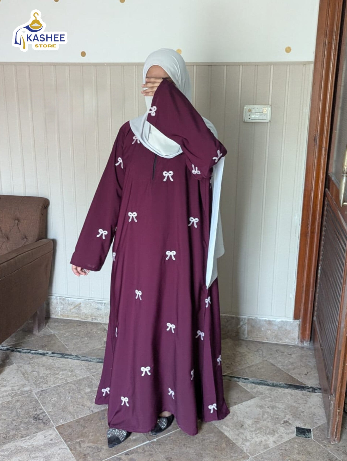 Embroidered Maxi Bow Abaya – Elegant Peach Georgette