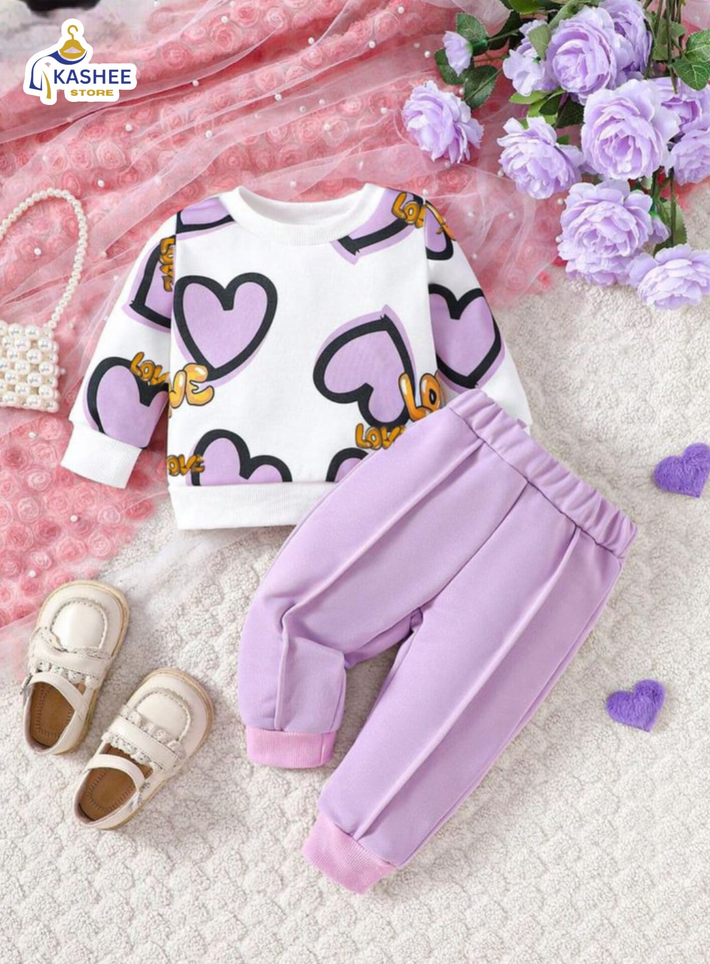 Love Heart Printed Winter Track Suit – Adorable Warmth for Kids
