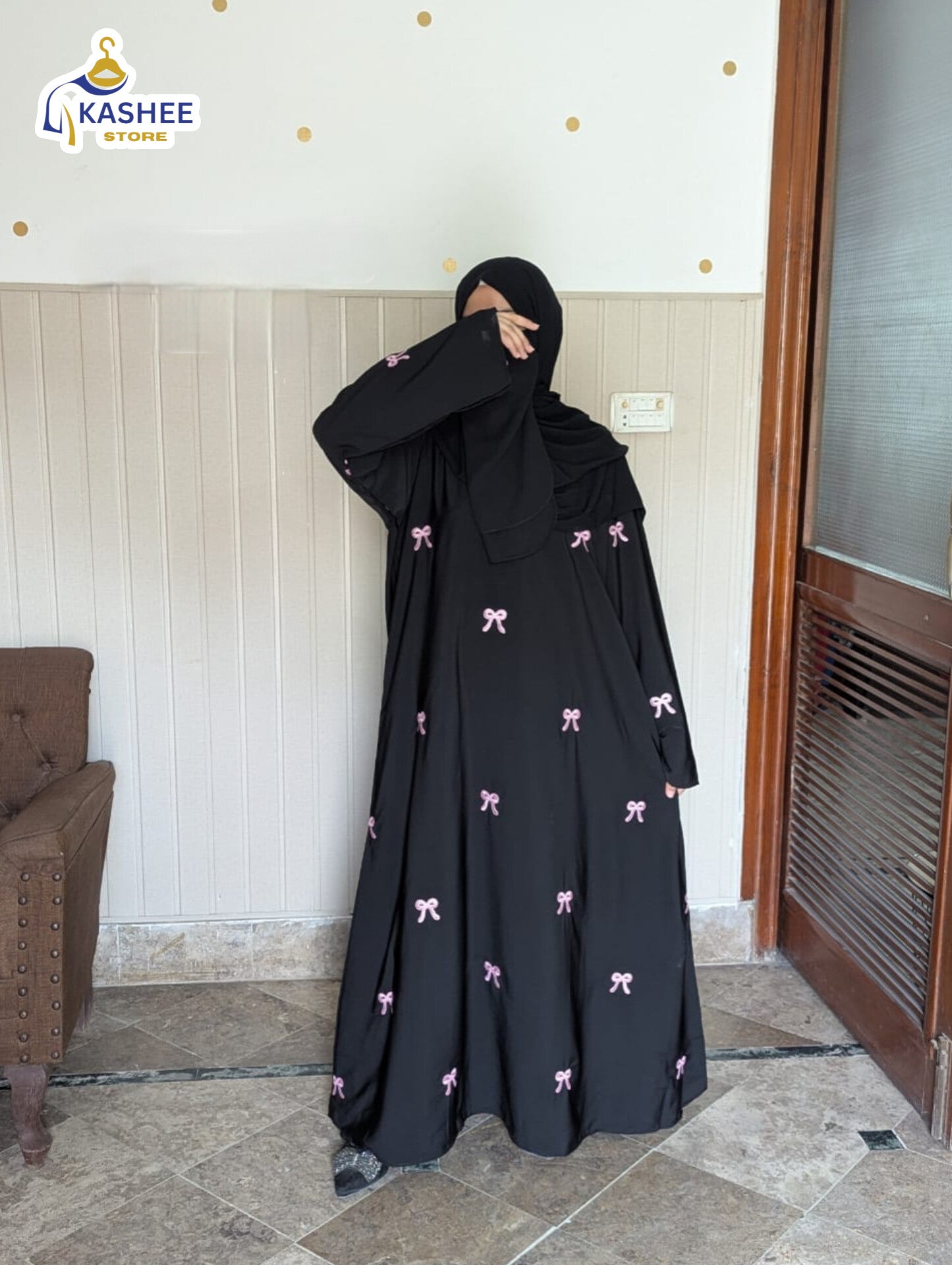 Embroidered Maxi Bow Abaya – Elegant Peach Georgette