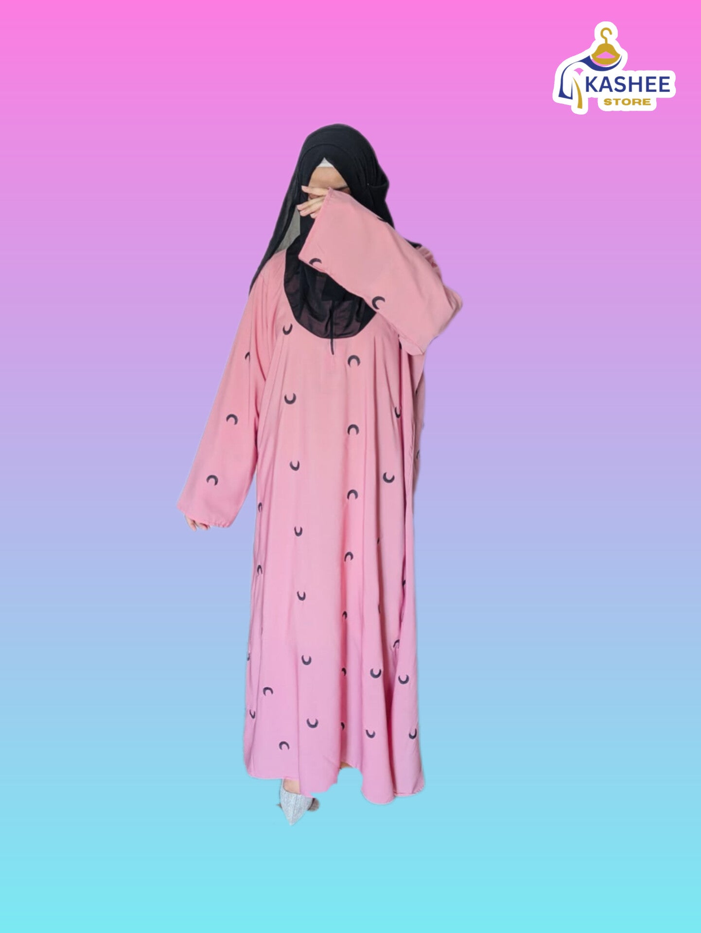 Moon Embroidered Abaya – Premium Peach Georgette