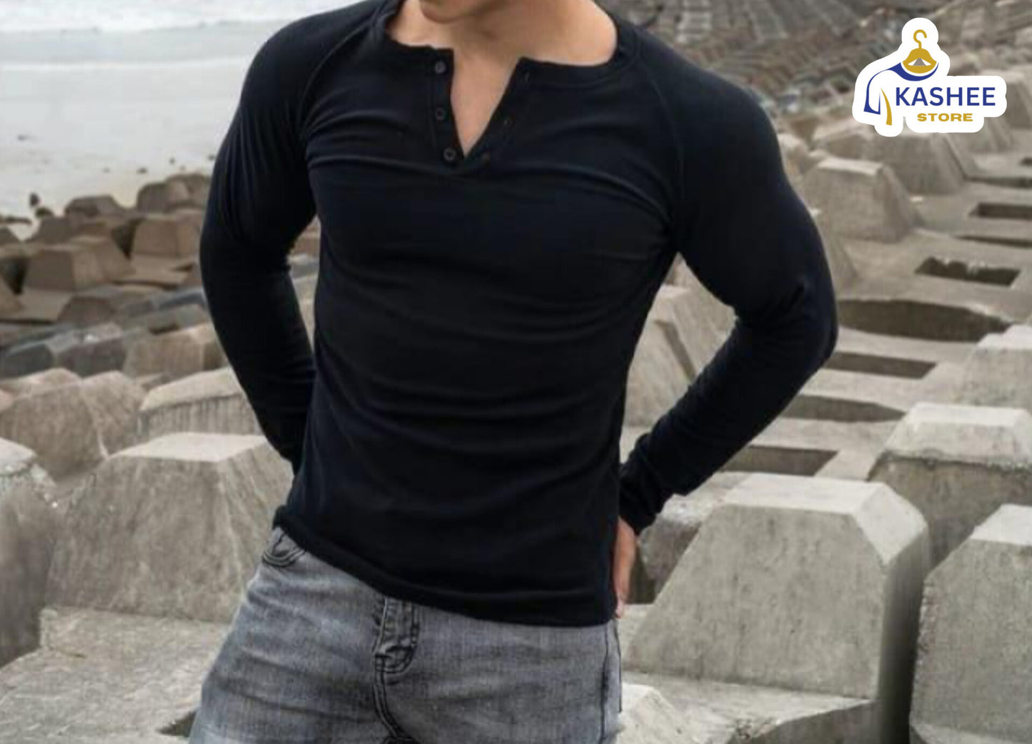 V-Collar Button Full Sleeve T-Shirt –