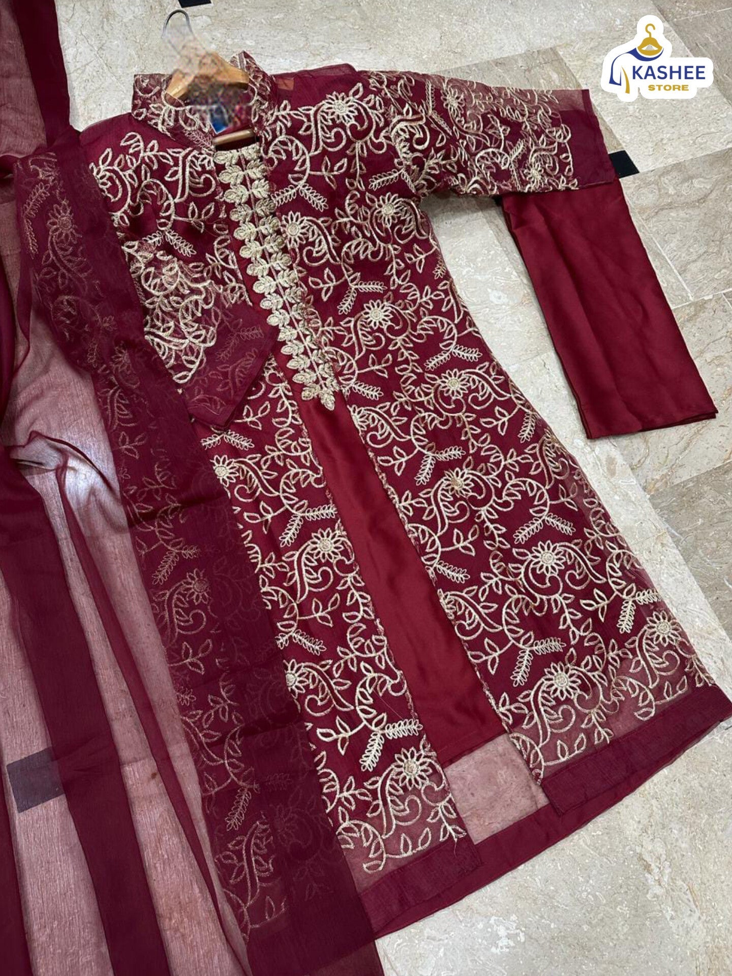 . "4Pc Embroidered Organza Gown Set | Inner, Trouser & Dupatta"