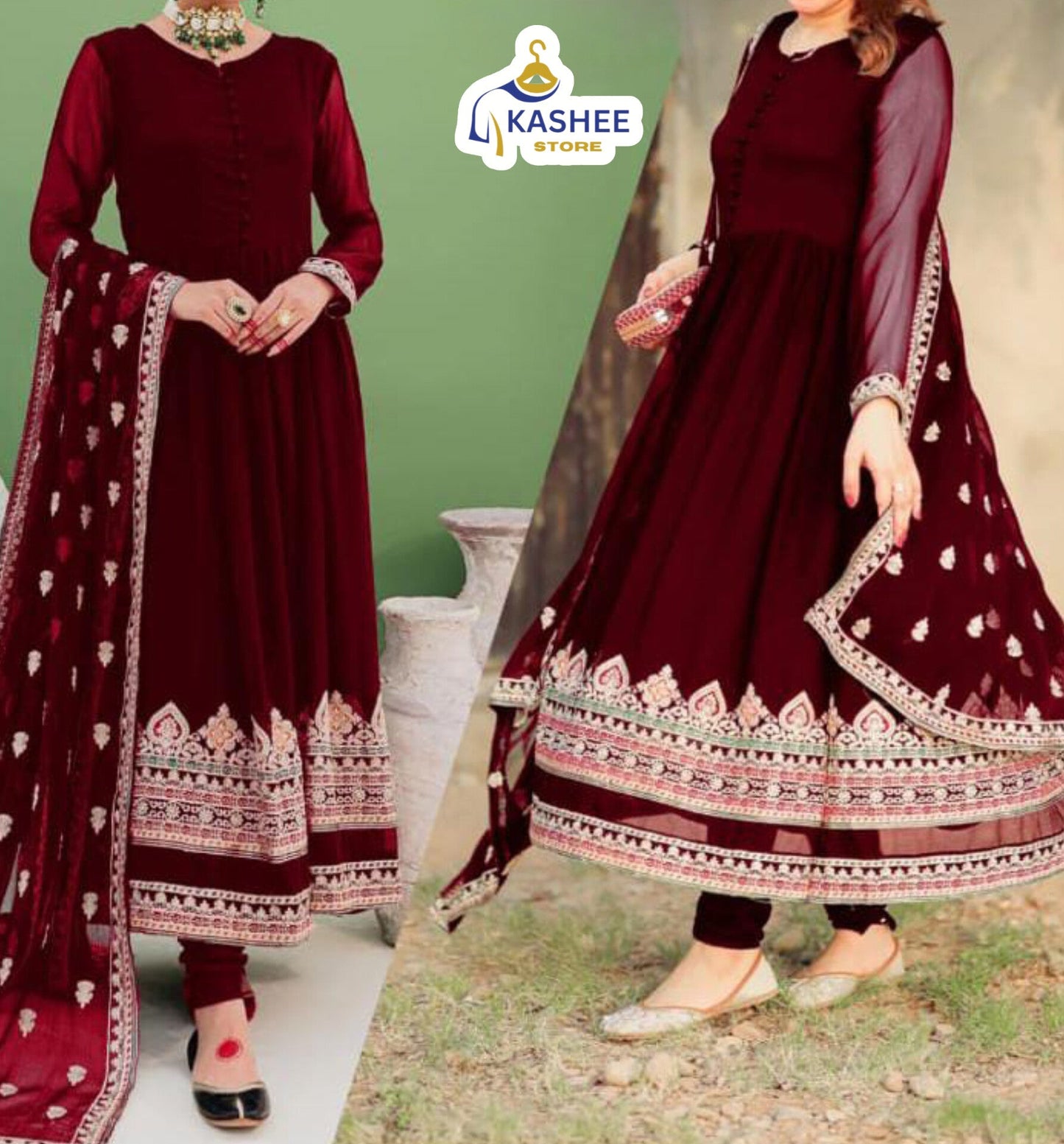 Border Embroidered Maxi & Dupatta – 3Pc Dress