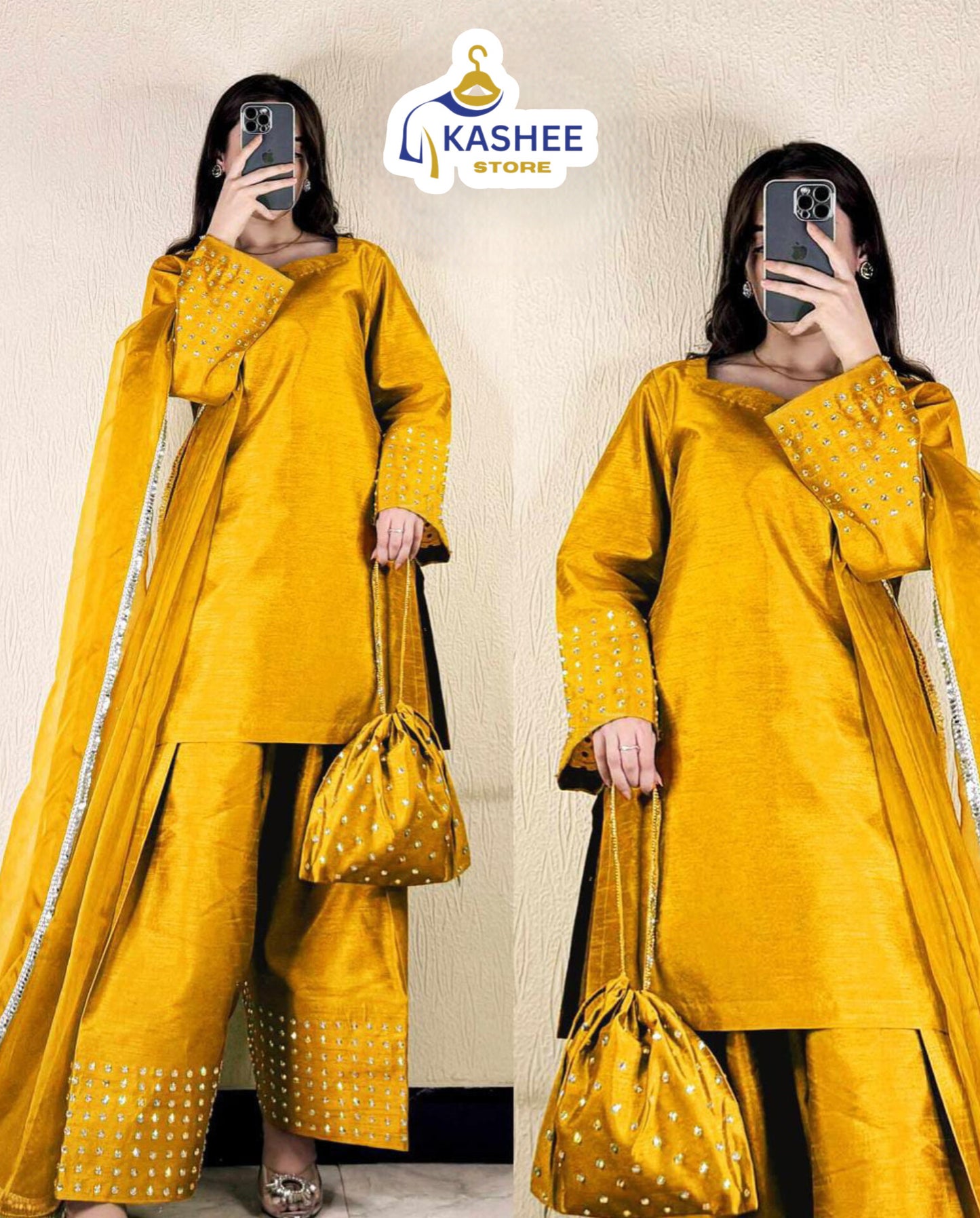 4-Piece Farshi Shalwar Kameez Set with Potli – Shamose Silk & Organza