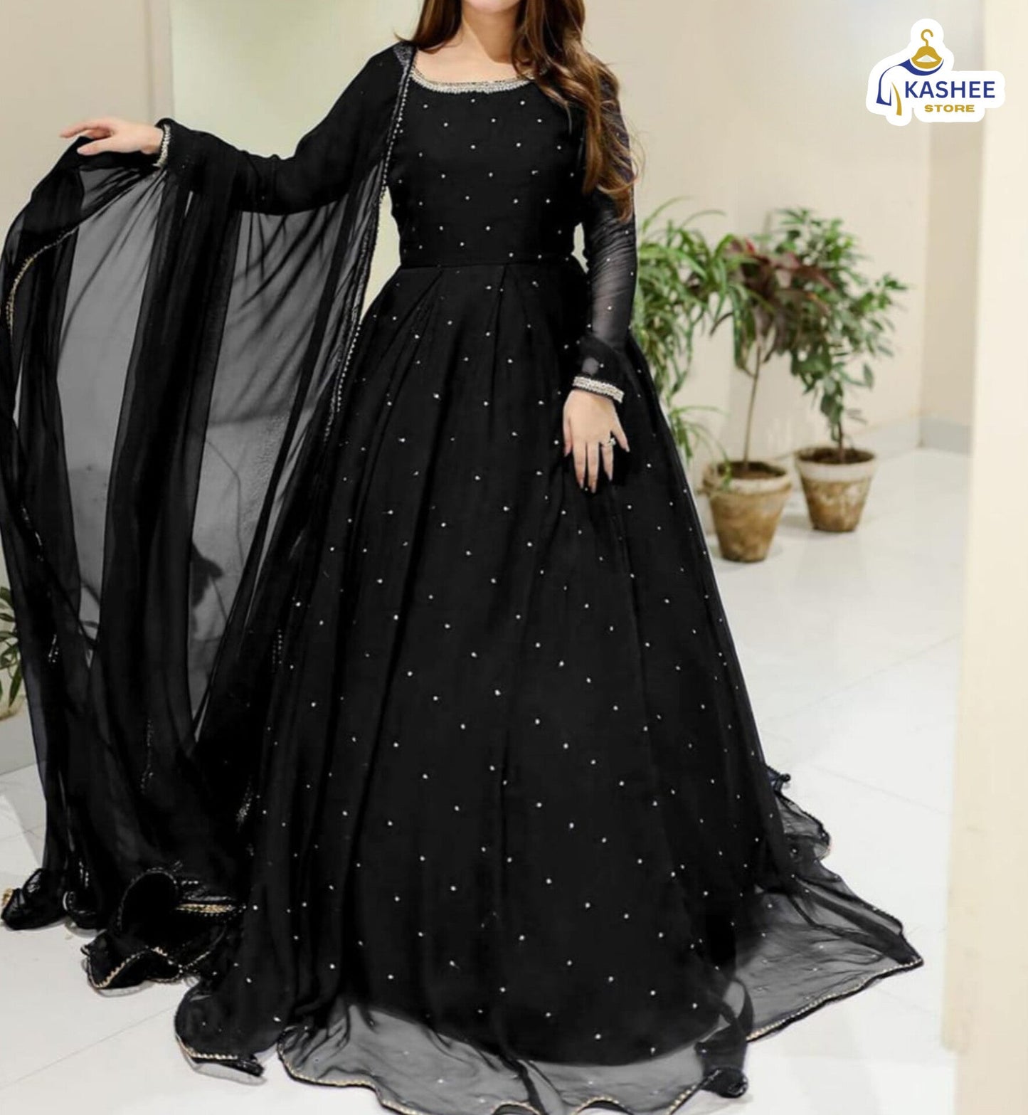 Elegant Pearl & Lace Work Maxi – 3Pc Chiffon Outfit