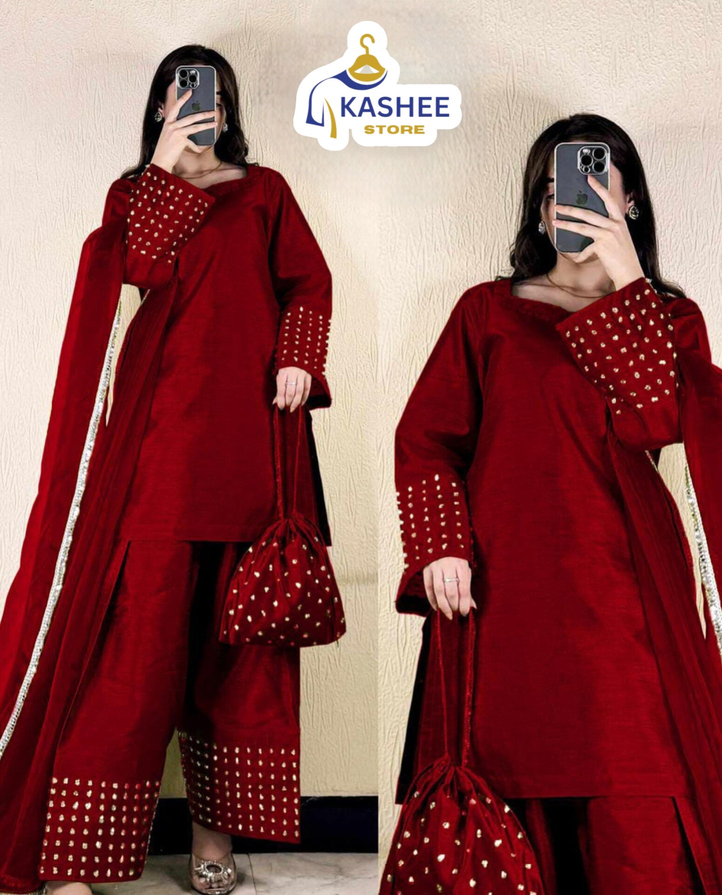 4-Piece Farshi Shalwar Kameez Set with Potli – Shamose Silk & Organza