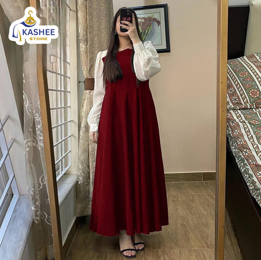 Front & Back Pleated Georgette Maxi with White Sleeves