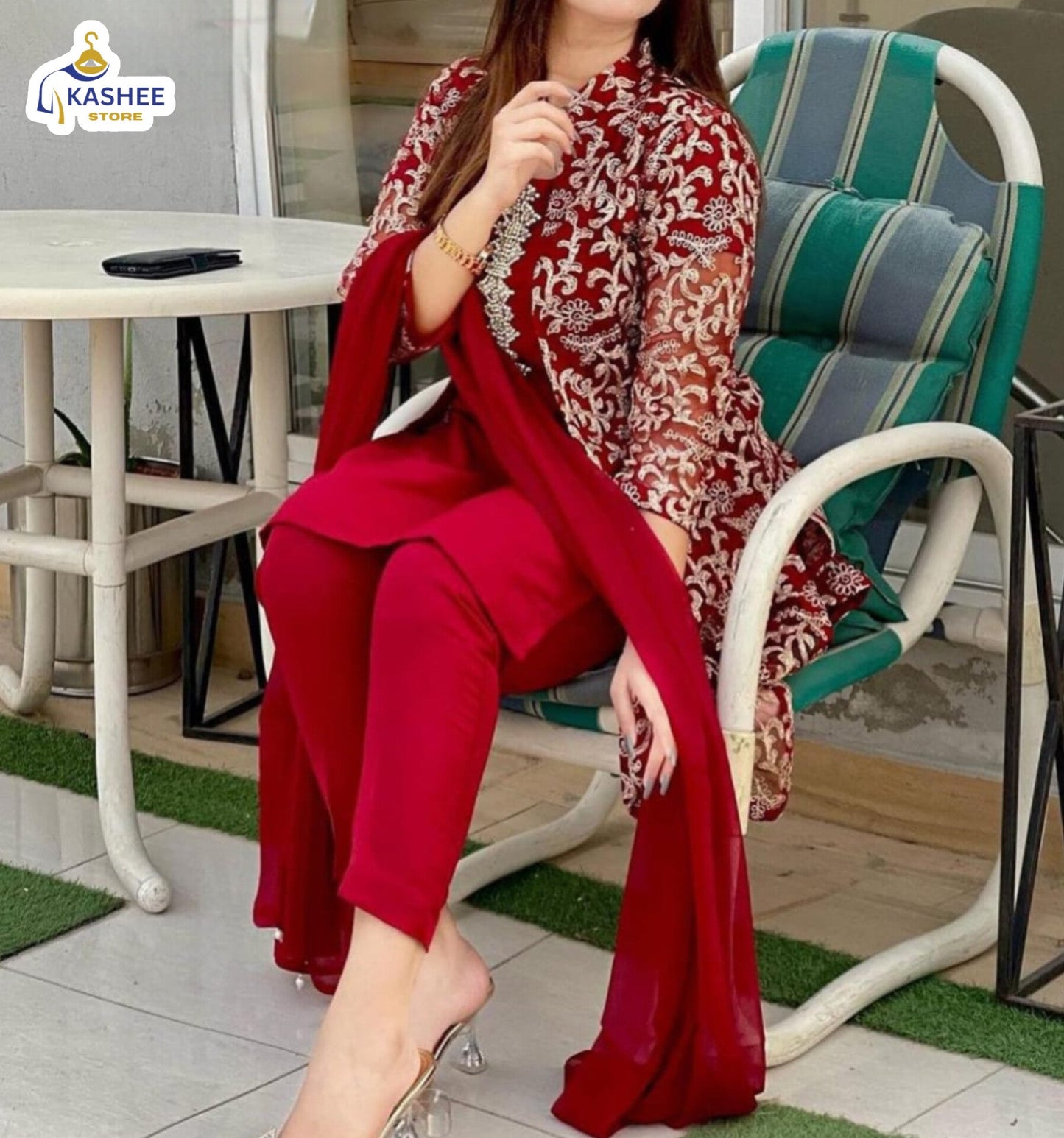 . "4Pc Embroidered Organza Gown Set | Inner, Trouser & Dupatta"