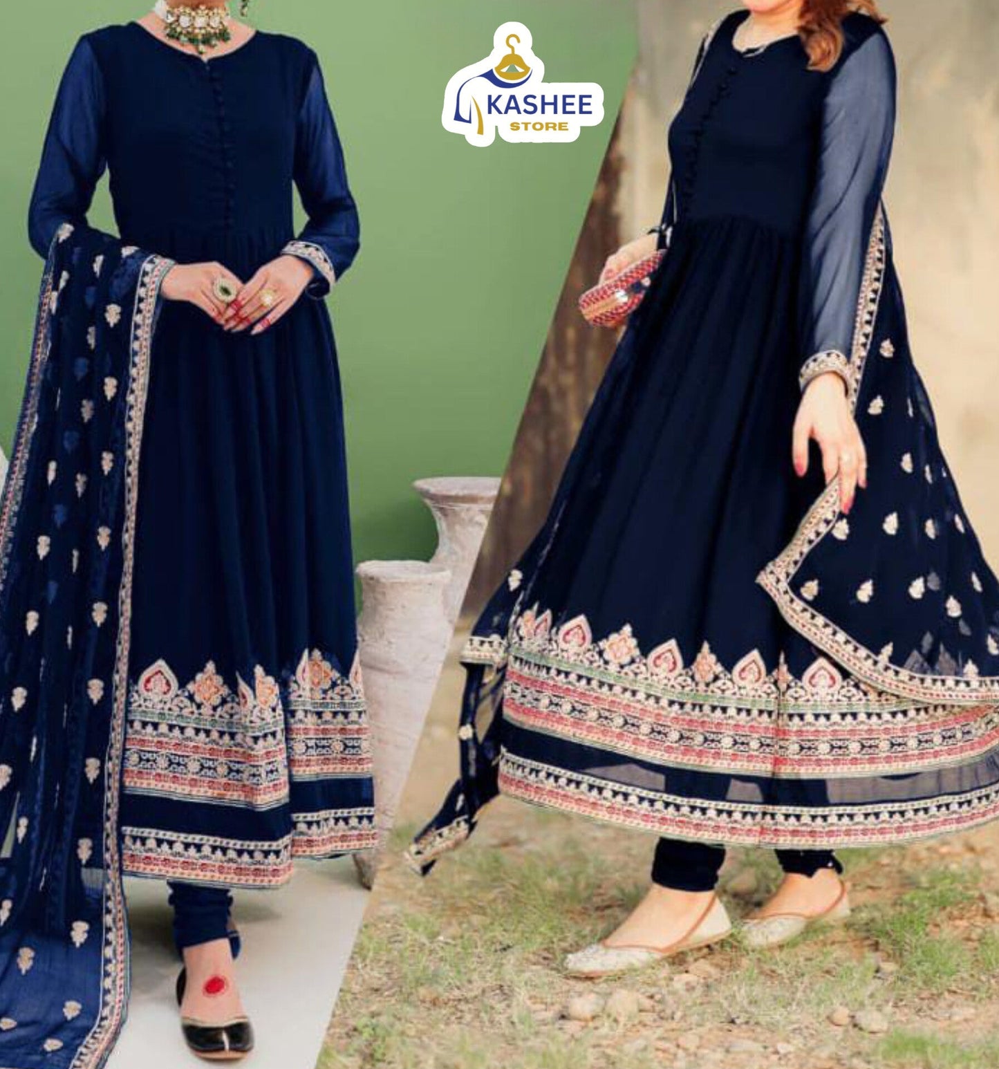 Border Embroidered Maxi & Dupatta – 3Pc Dress