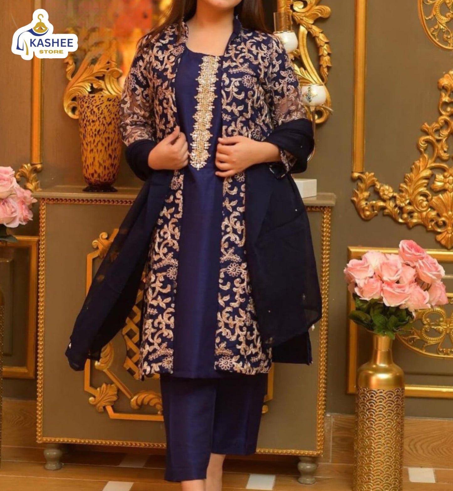 . "4Pc Embroidered Organza Gown Set | Inner, Trouser & Dupatta"