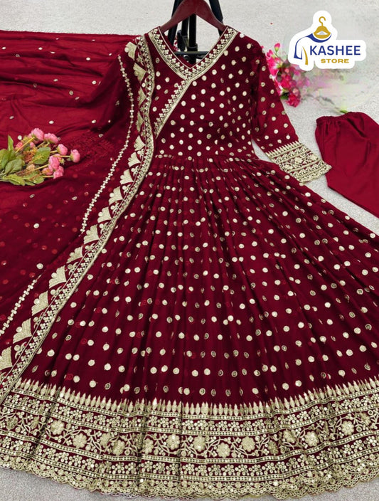 Luxury Angrakha Style Embroidered Maxi | 3Pc Chiffon Suit