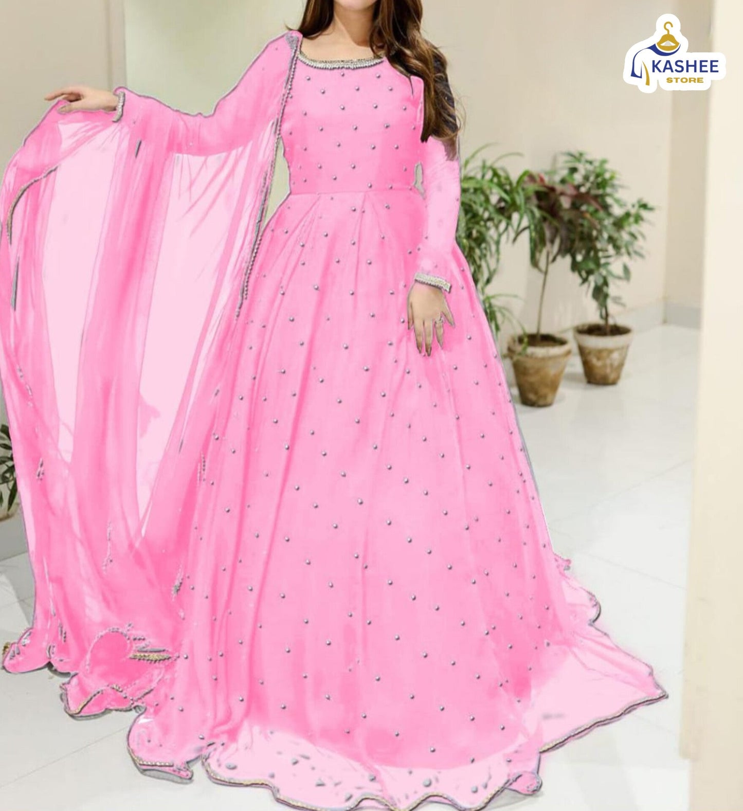 Elegant Pearl & Lace Work Maxi – 3Pc Chiffon Outfit