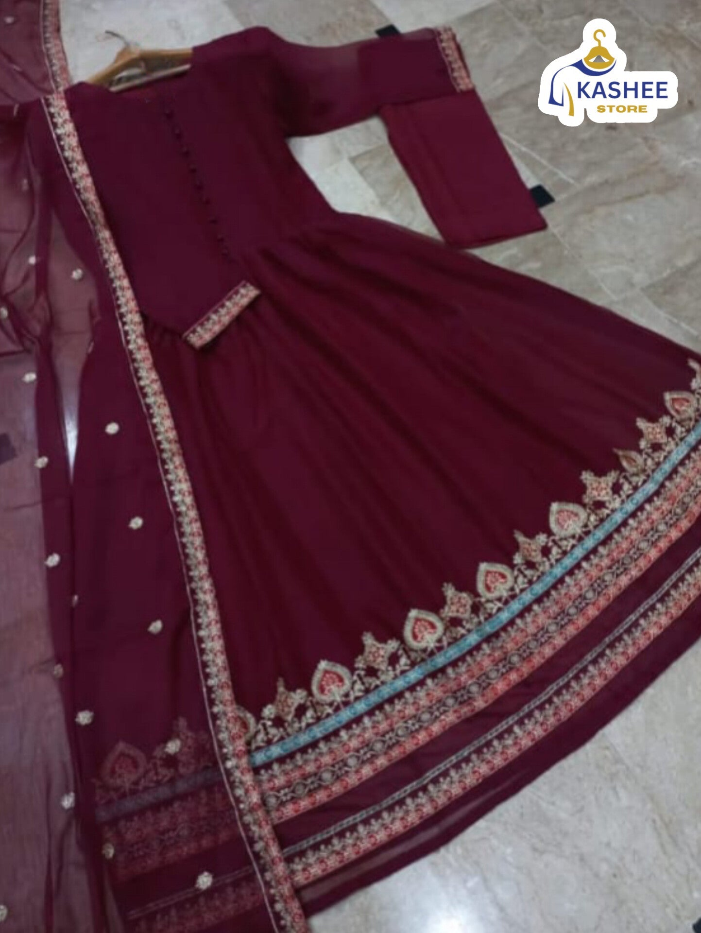 Border Embroidered Maxi & Dupatta – 3Pc Dress