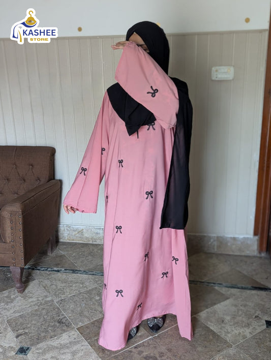 Embroidered Maxi Bow Abaya – Elegant Peach Georgette