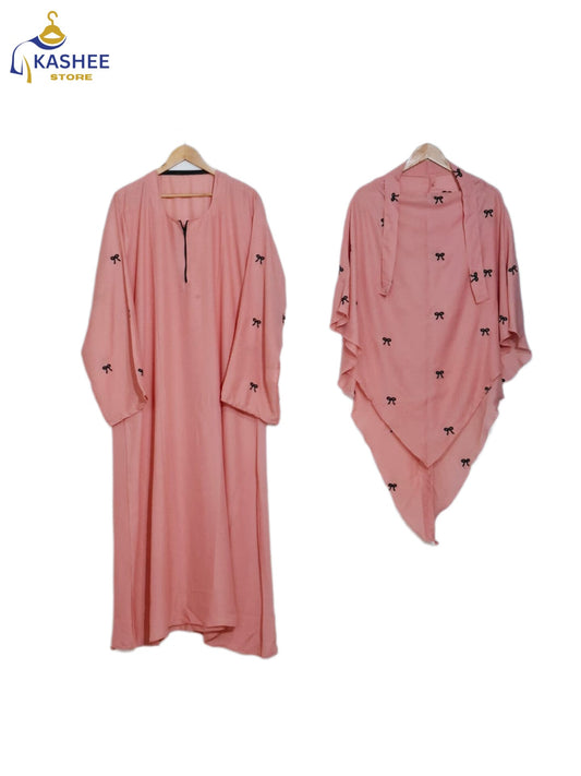 Bow Embroidered Khimar Abaya – Dual Georgette