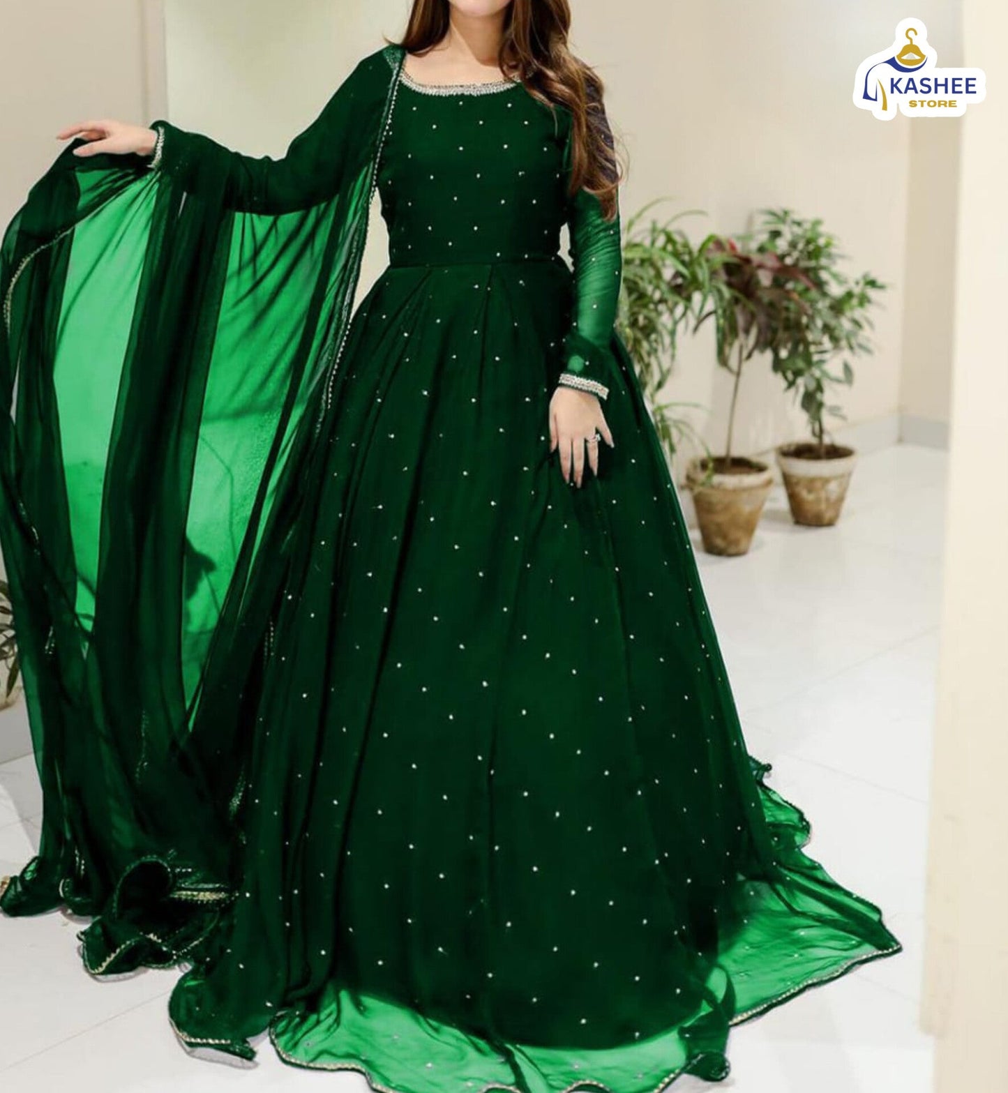Elegant Pearl & Lace Work Maxi – 3Pc Chiffon Outfit