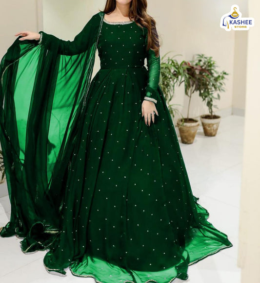 Elegant Pearl & Lace Work Maxi – 3Pc Chiffon Outfit