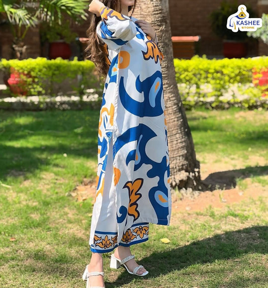 Trendy Digital Printed 2Pc Set – Long Shirt & Bell Bottom Trouser