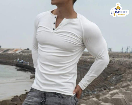 V-Collar Button Full Sleeve T-Shirt –