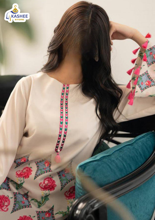 Women’s 2pc Swiss Lawn Suit – Long Digital Printed Shirt with Bell Bottom Trouser