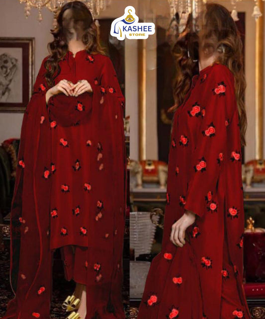 Rose Embroidered 3pc Suit – Shamose Silk with Organza Dupatta "