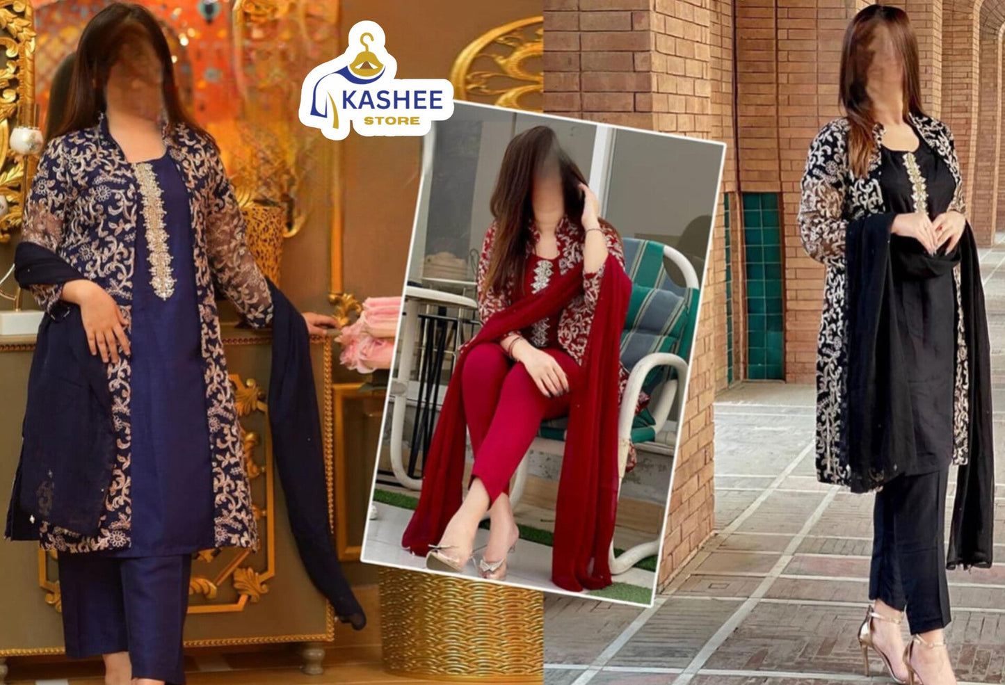 . "4Pc Embroidered Organza Gown Set | Inner, Trouser & Dupatta"