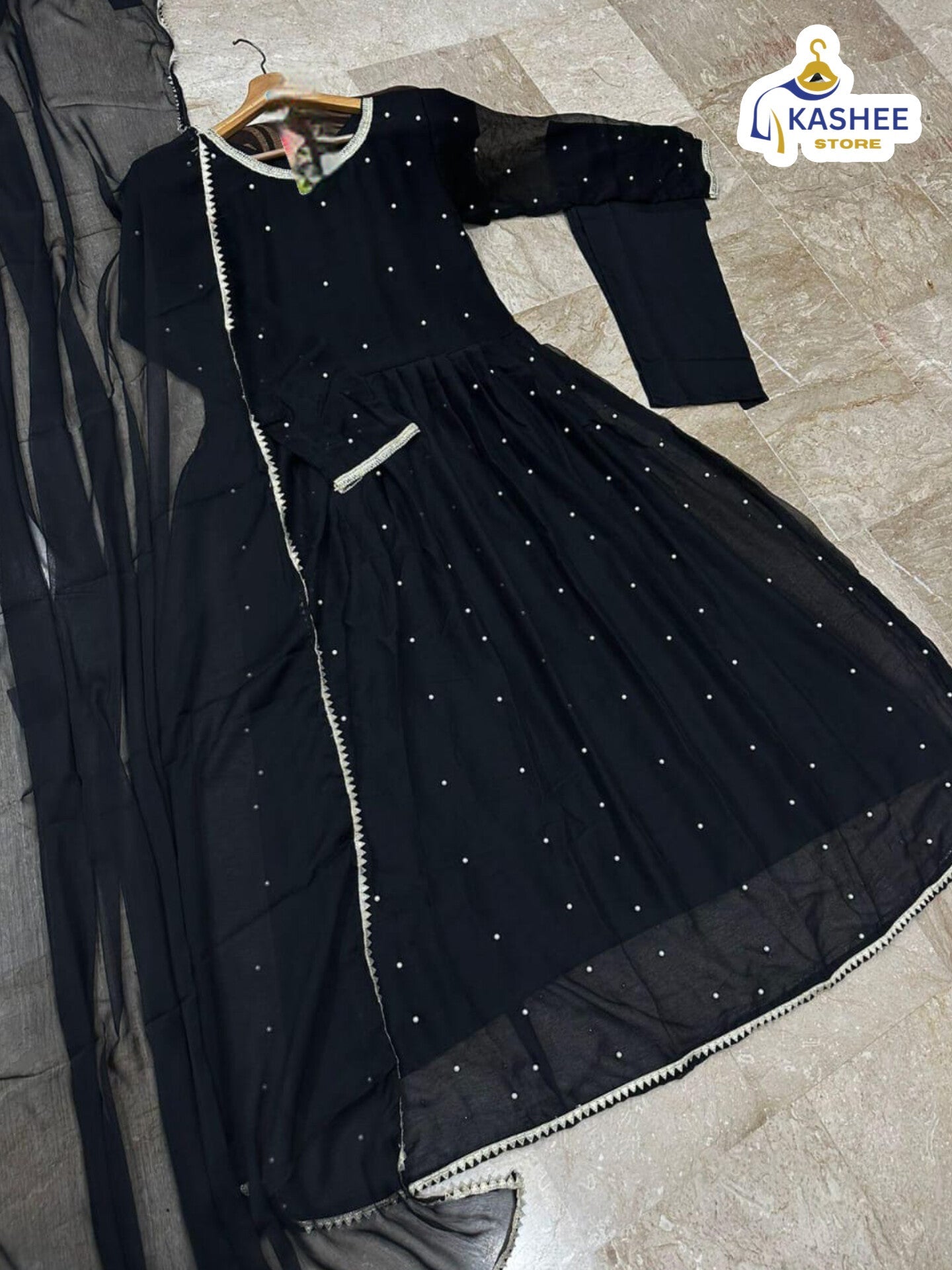 Elegant Pearl & Lace Work Maxi – 3Pc Chiffon Outfit