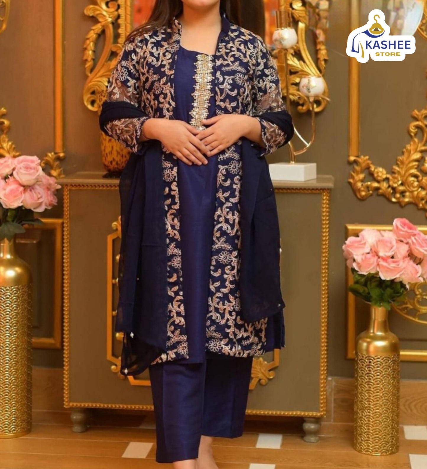 . "4Pc Embroidered Organza Gown Set | Inner, Trouser & Dupatta"