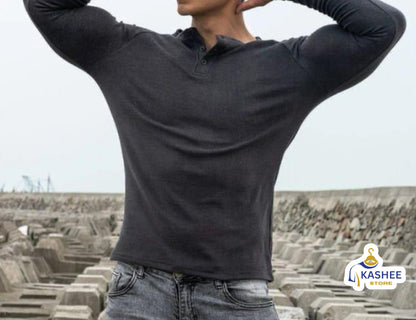 V-Collar Button Full Sleeve T-Shirt –