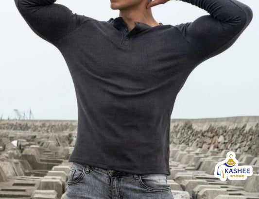 V-Collar Button Full Sleeve T-Shirt –