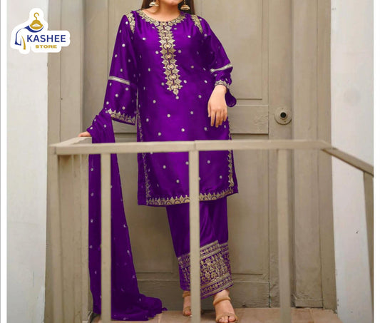 Shamose Silk 3Pc | Sequin Shirt, Trouser & Dupatta