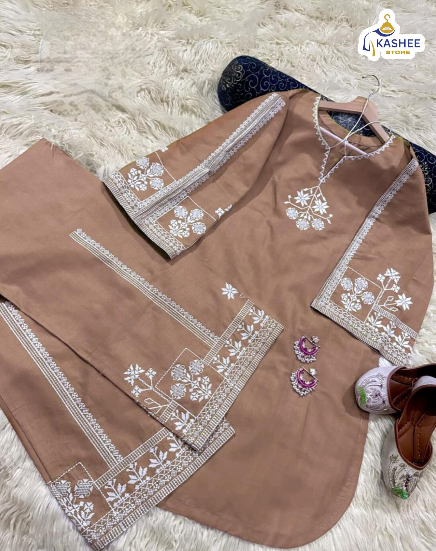 "2Pc Pure Bareeza Cotton Suit | Aari Embroidered Shirt with Flapper"