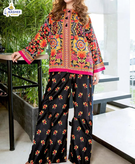 Trendy 2pc Silk Outfit – Printed Shirt & Flapper