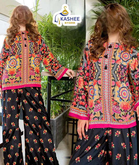 Trendy 2pc Silk Outfit – Printed Shirt & Flapper