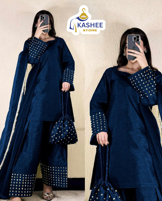 4-Piece Farshi Shalwar Kameez Set with Potli – Shamose Silk & Organza