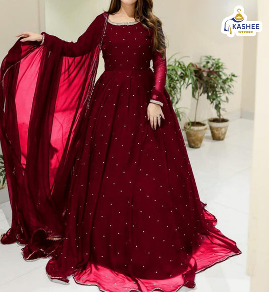 Elegant Pearl & Lace Work Maxi – 3Pc Chiffon Outfit