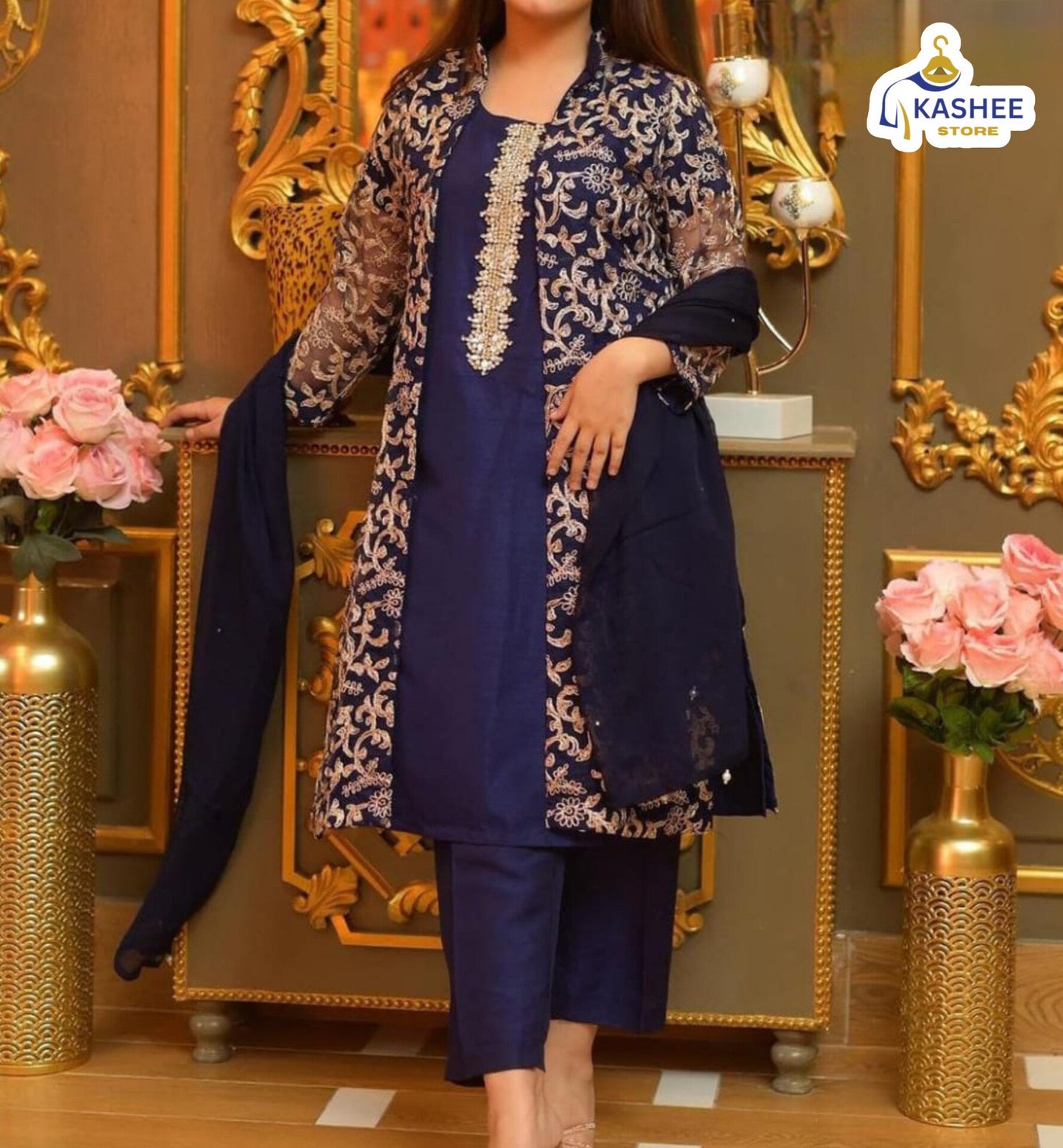 . "4Pc Embroidered Organza Gown Set | Inner, Trouser & Dupatta"