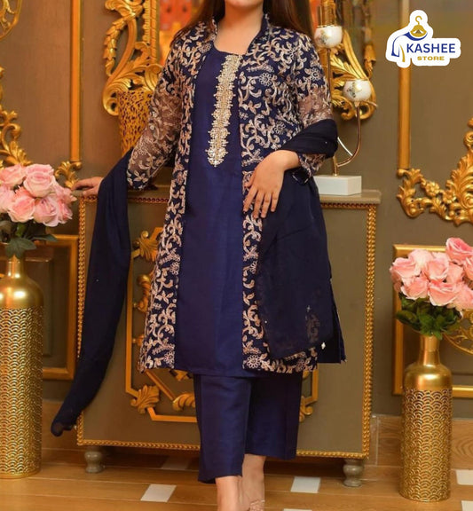 . "4Pc Embroidered Organza Gown Set | Inner, Trouser & Dupatta"