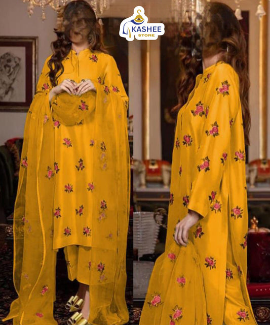 Rose Embroidered 3pc Suit – Shamose Silk with Organza Dupatta "