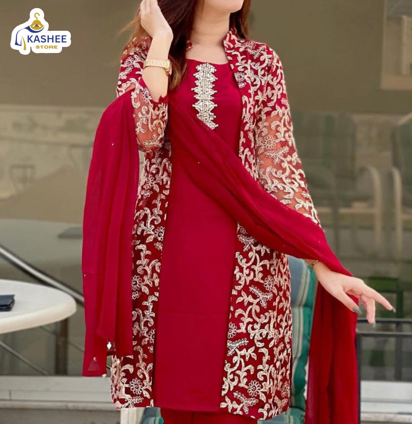 . "4Pc Embroidered Organza Gown Set | Inner, Trouser & Dupatta"