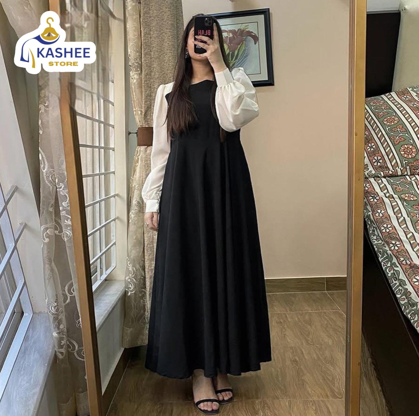 Front & Back Pleated Georgette Maxi with White Sleeves