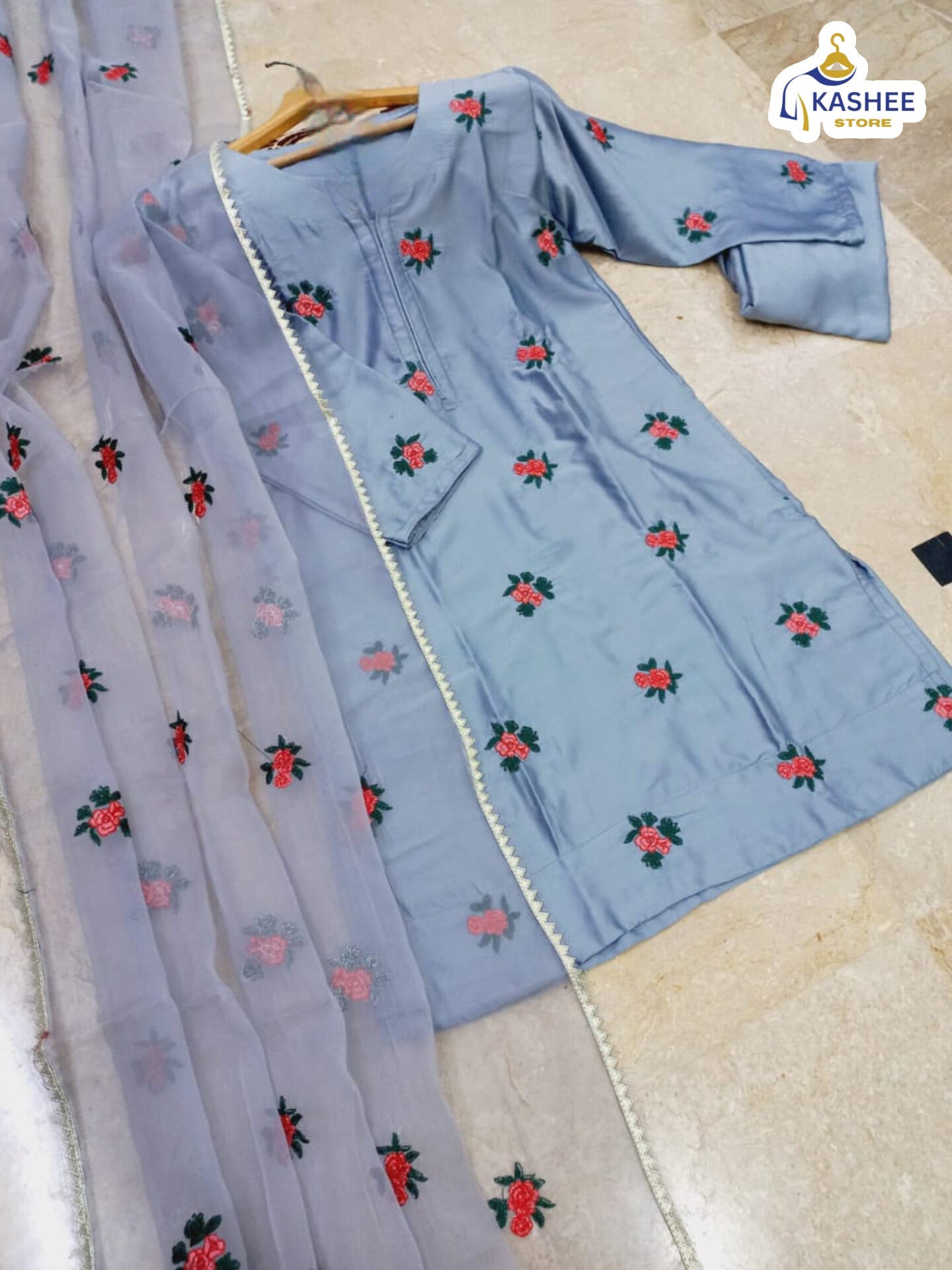 Rose Embroidered 3pc Suit – Shamose Silk with Organza Dupatta "