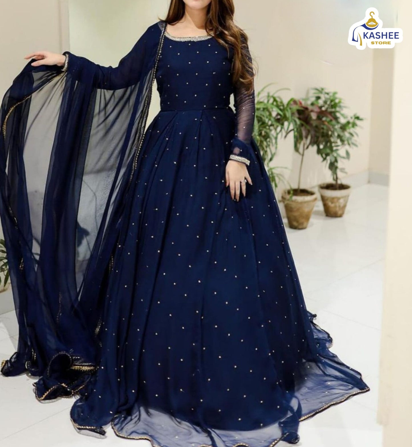 Elegant Pearl & Lace Work Maxi – 3Pc Chiffon Outfit