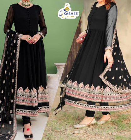 Border Embroidered Maxi & Dupatta – 3Pc Dress