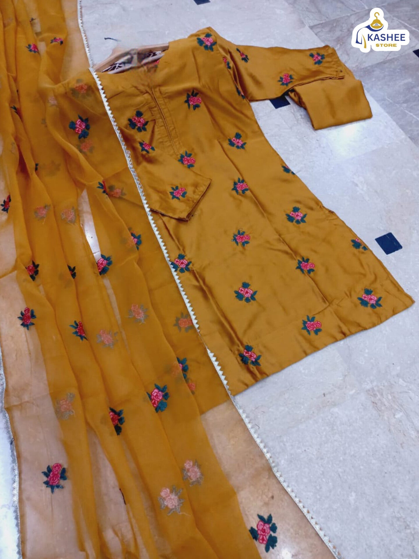 Rose Embroidered 3pc Suit – Shamose Silk with Organza Dupatta "