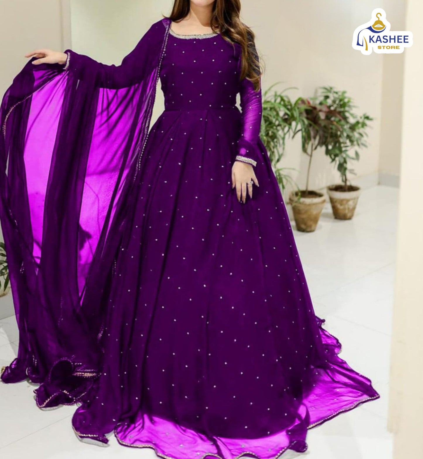 Elegant Pearl & Lace Work Maxi – 3Pc Chiffon Outfit