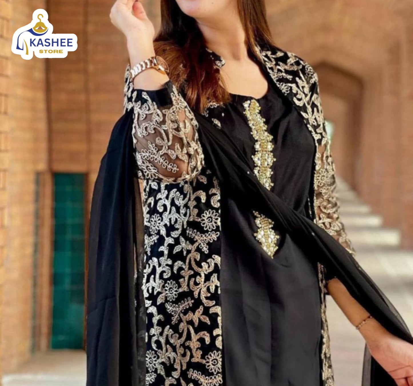 . "4Pc Embroidered Organza Gown Set | Inner, Trouser & Dupatta"