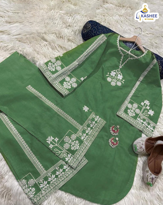 "2Pc Pure Bareeza Cotton Suit | Aari Embroidered Shirt with Flapper"
